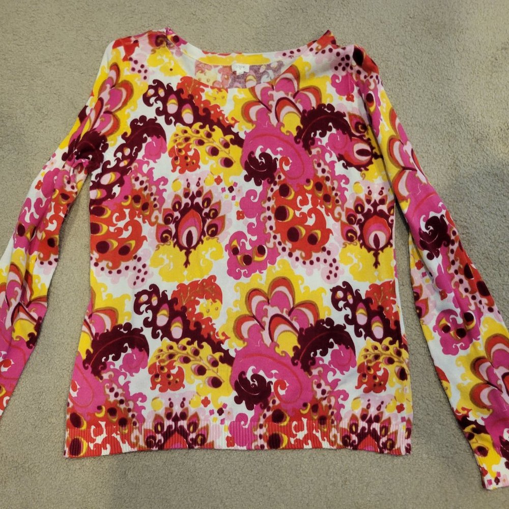 J Crew Factory Red Yellow Vintage Paisley Print Sweater L